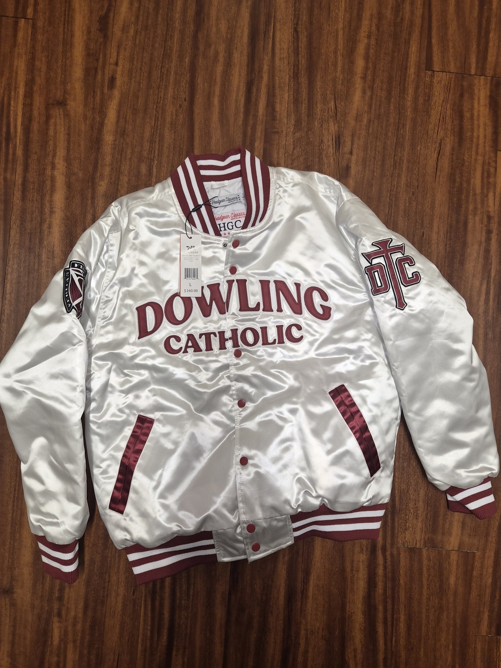 Dowling Catholic Satin Bomber Jacket in White and Maroon